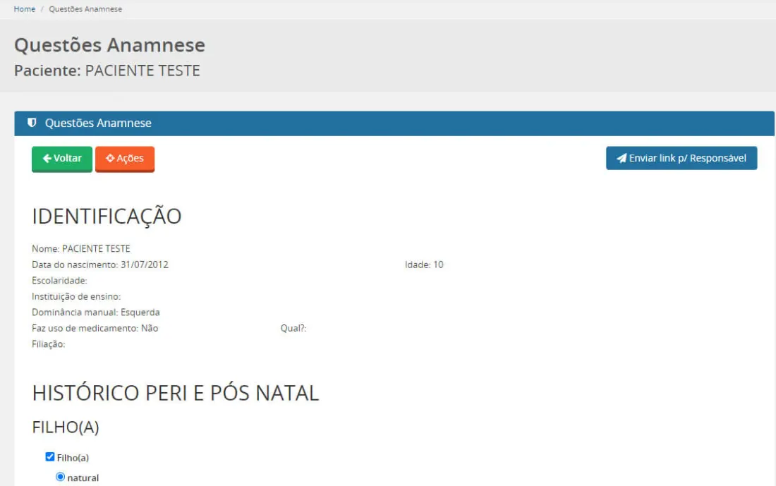 Tela de anamnese online do Pro-Amic