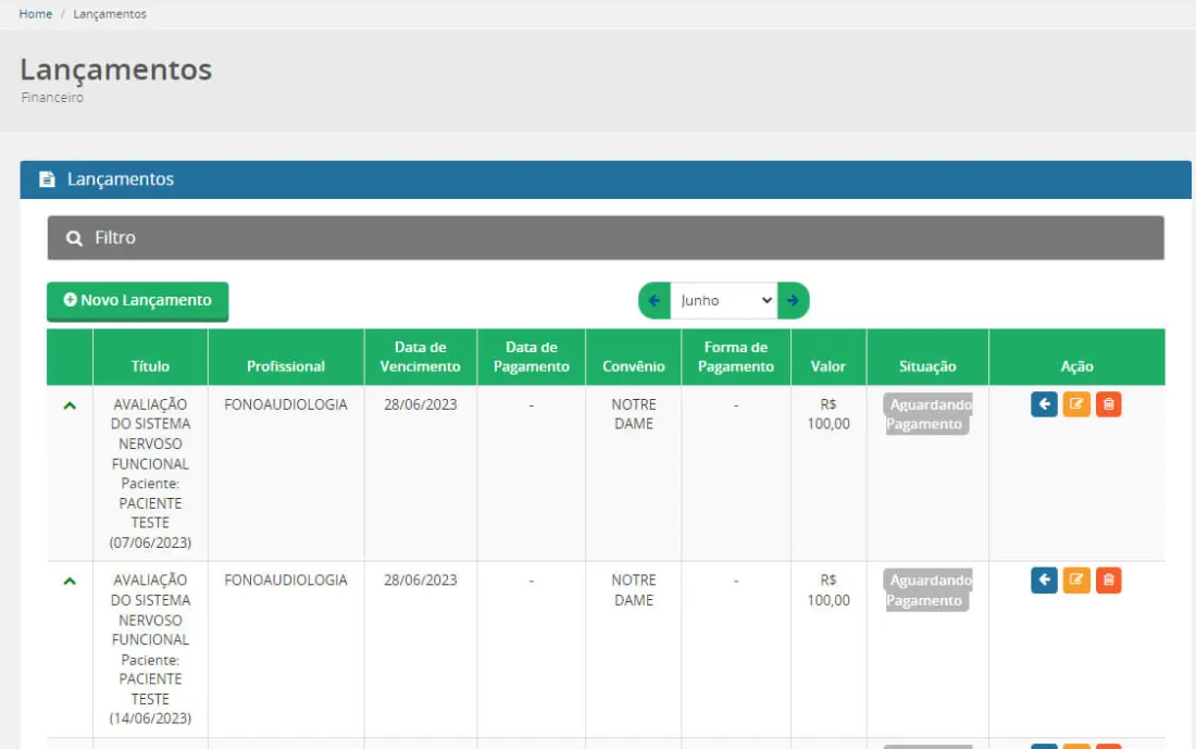Módulo financeiro integrado à agenda no Pro-Amic