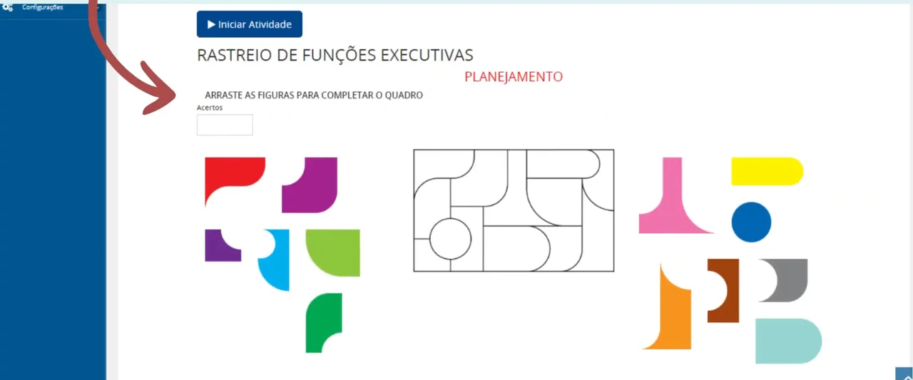 Tela de rastreio de funções executivas do Pro-Amic, com um exercício de completar o quadro